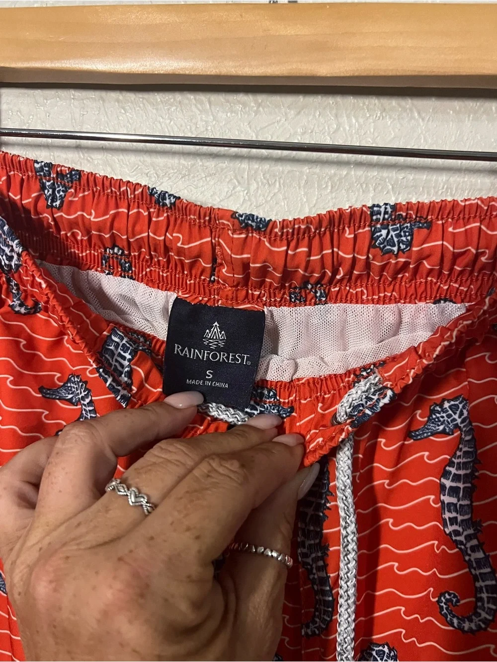 Men’s RAINFOREST Red Swim Shorts with Navy Seahorse Print Size Small
